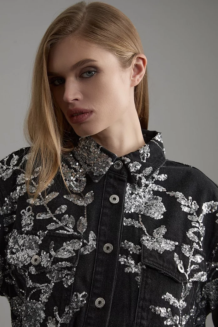 Denim All Over Floral Sequin Jacket | Karen Millen Denim All Over Floral Sequin Jacket | Karen Millen