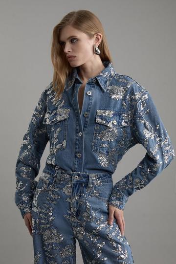 Blue Denim All Over Floral Sequin Jacket