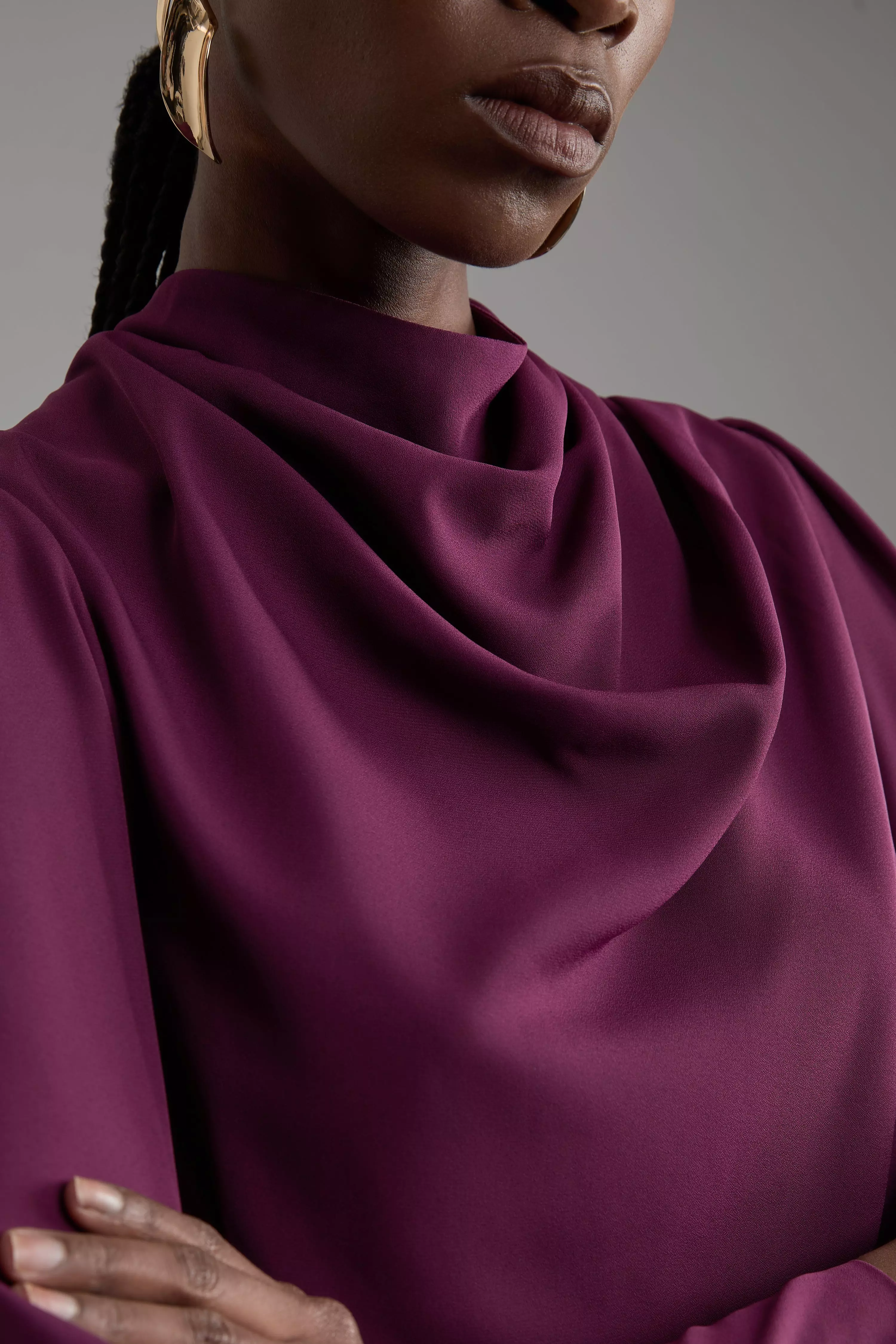 Satin Draped Neck Volume Sleeve Blouse | boohoo