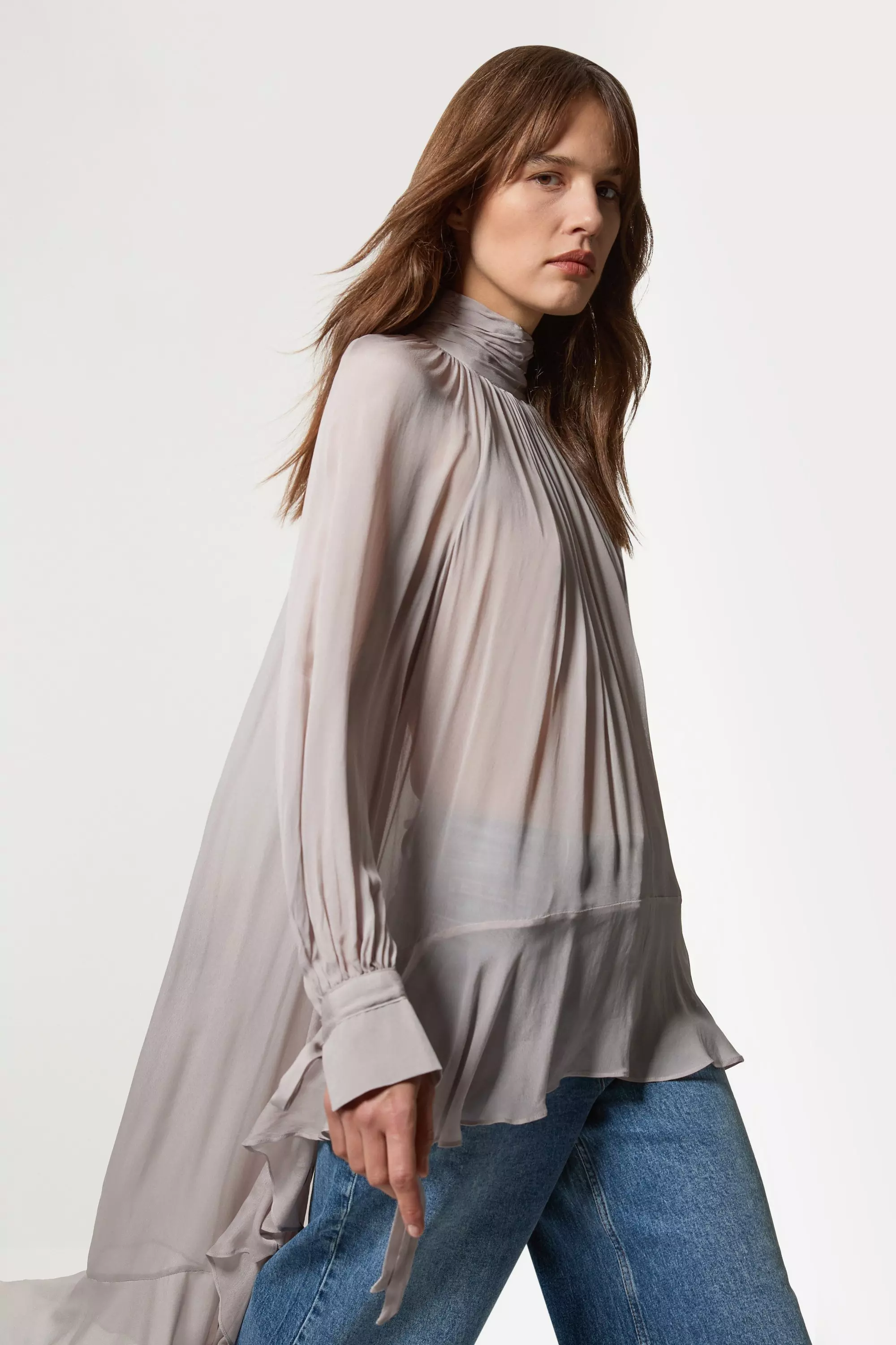 Taupe Viscose Georgette Drama Woven Maxi Blouse  alternative image