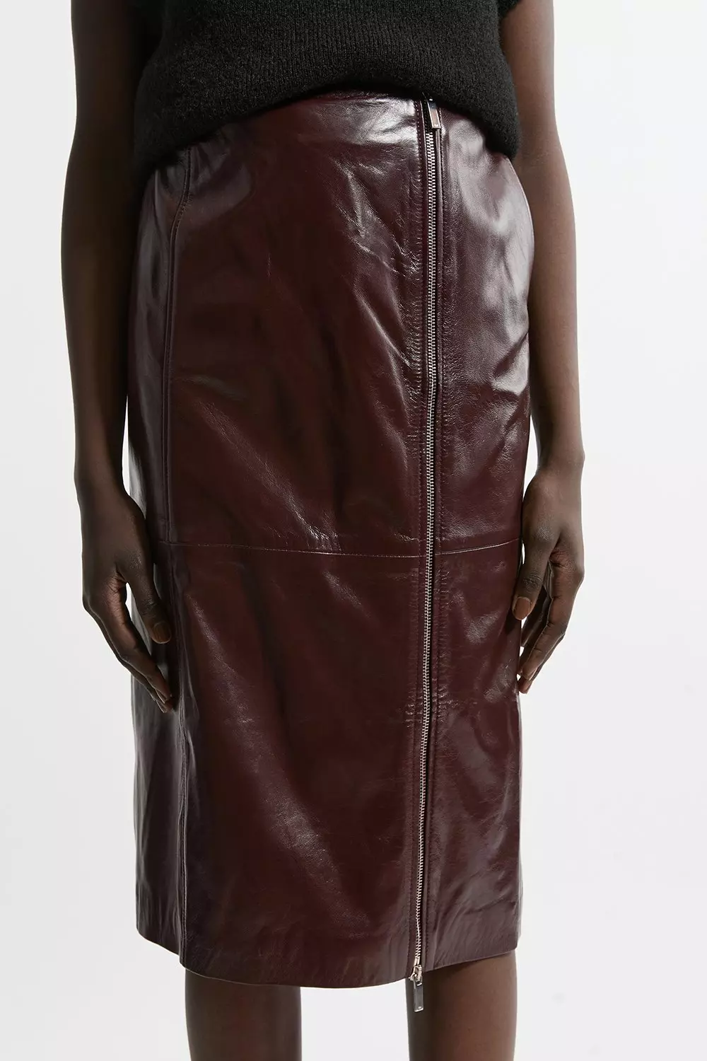 Brown leather skirt with zip clearance