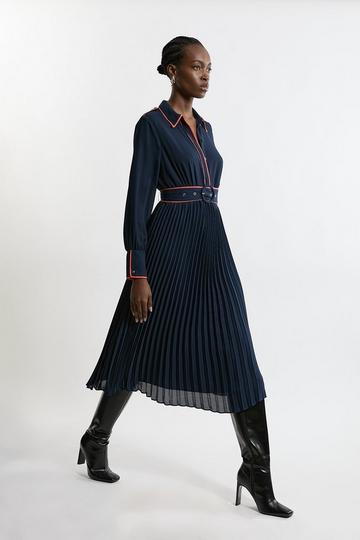 Military Belted Woven Shirt Midaxi Dress navy