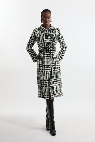 Houndstooth Check Pocket Detail Belted Pu Tipped Tailored Midaxi Coat mono