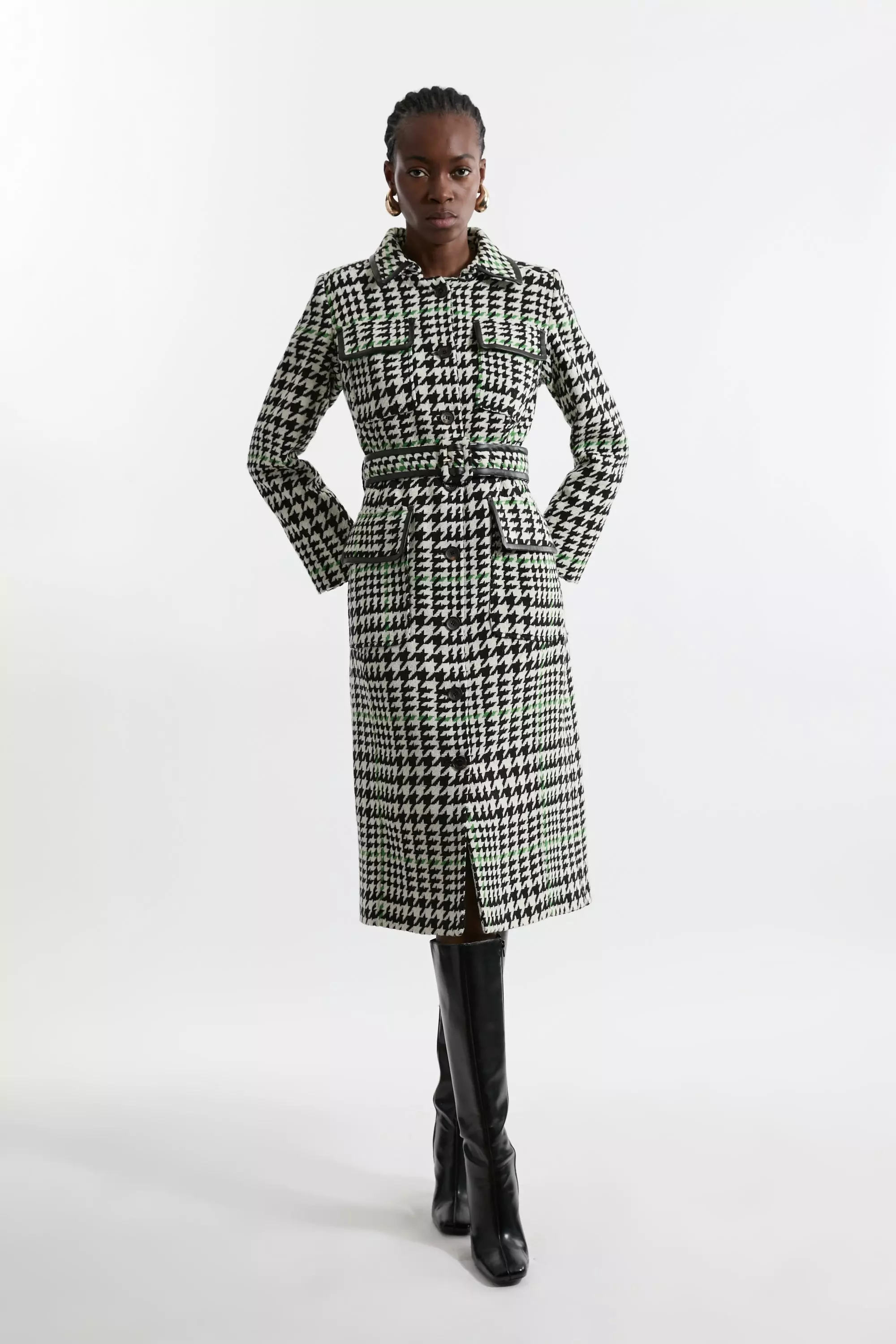 Mono Houndstooth Check Pocket Detail Belted Pu Tipped Tailored Midi Coat  alternative image