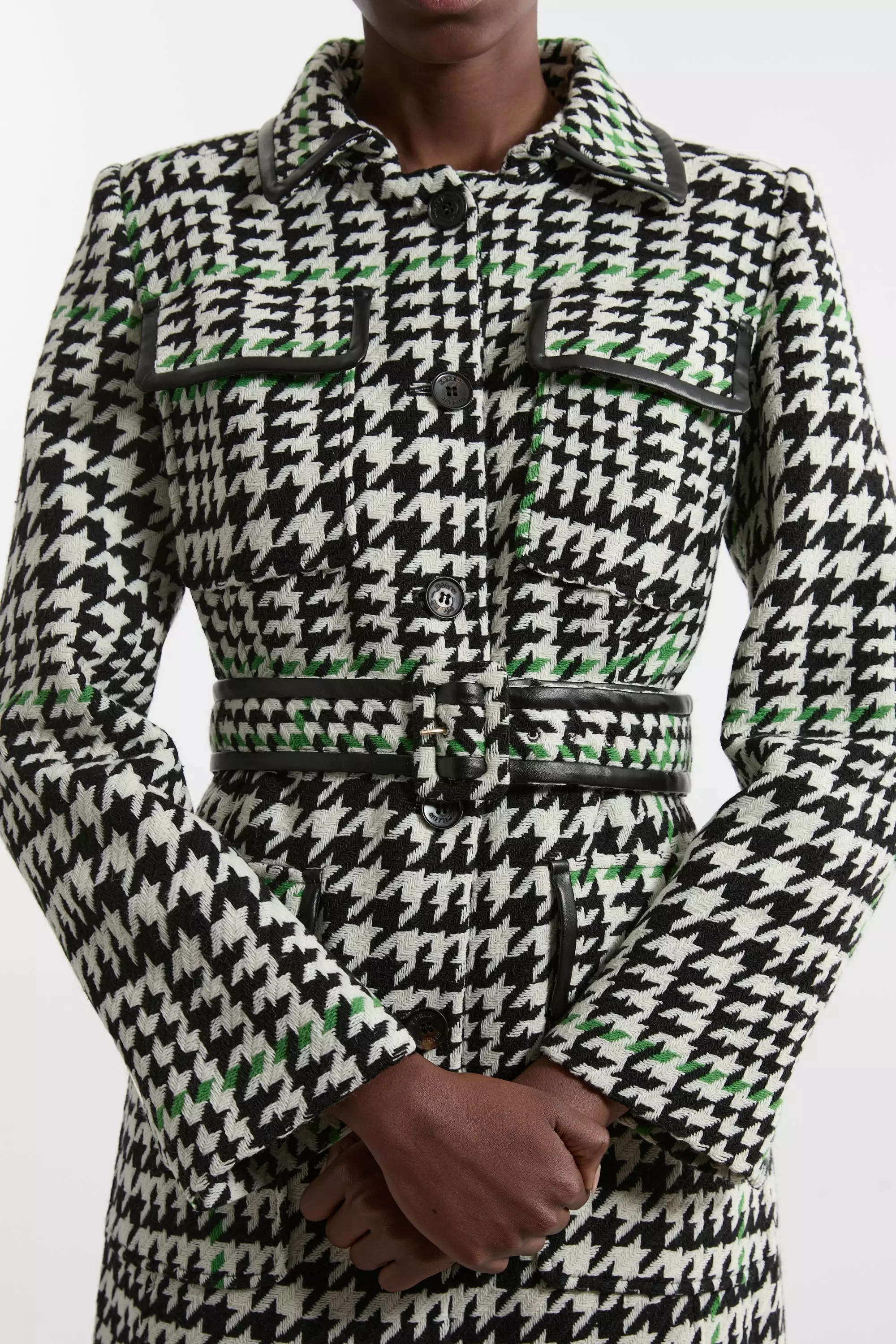Mono Houndstooth Check Pocket Detail Belted Pu Tipped Tailored Midi Coat  alternative image