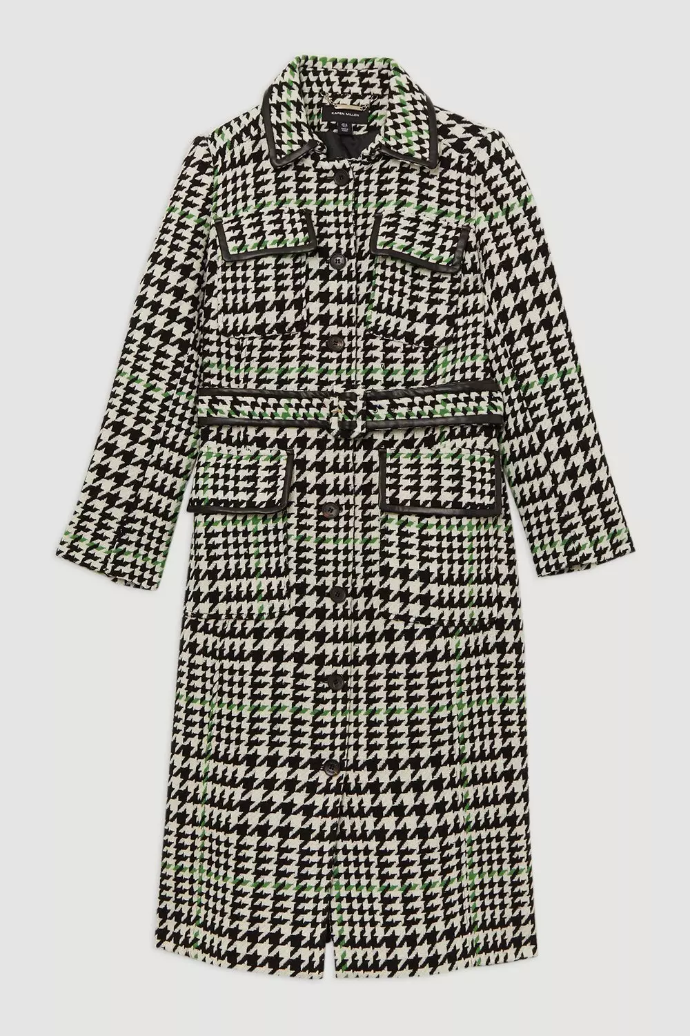 Mono Houndstooth Check Pocket Detail Belted Pu Tipped Tailored Midi Coat  alternative image
