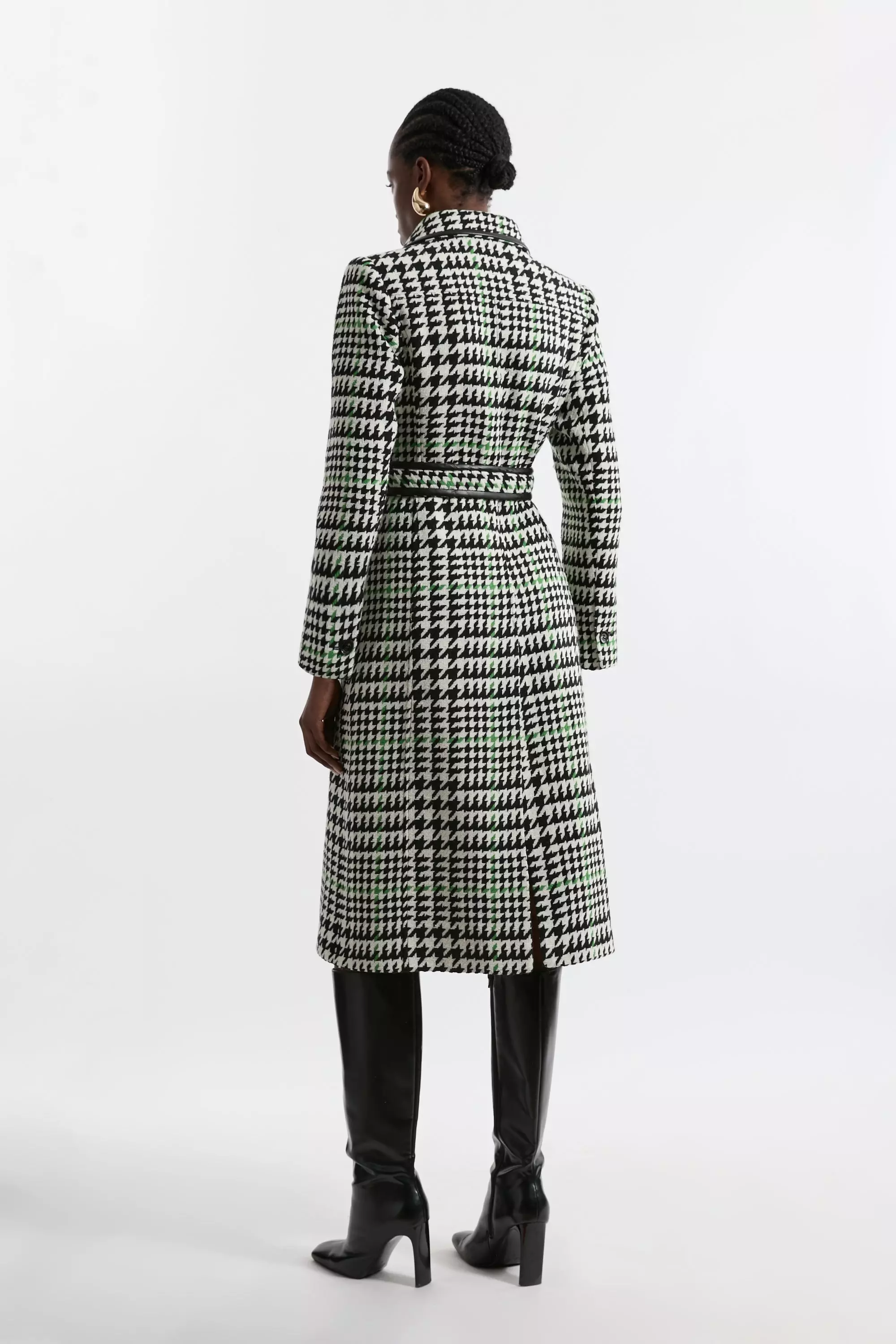 Mono Houndstooth Check Pocket Detail Belted Pu Tipped Tailored Midi Coat  alternative image