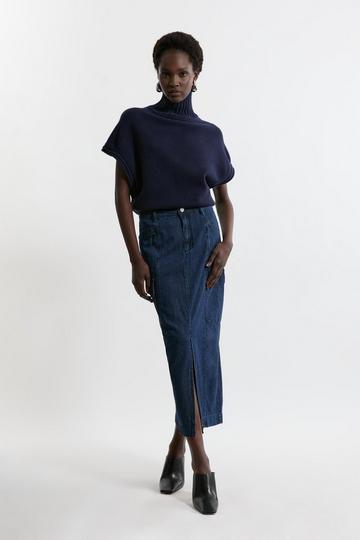 Petite Denim Woven Cargo Pocket Tailored Midi Skirt indigo