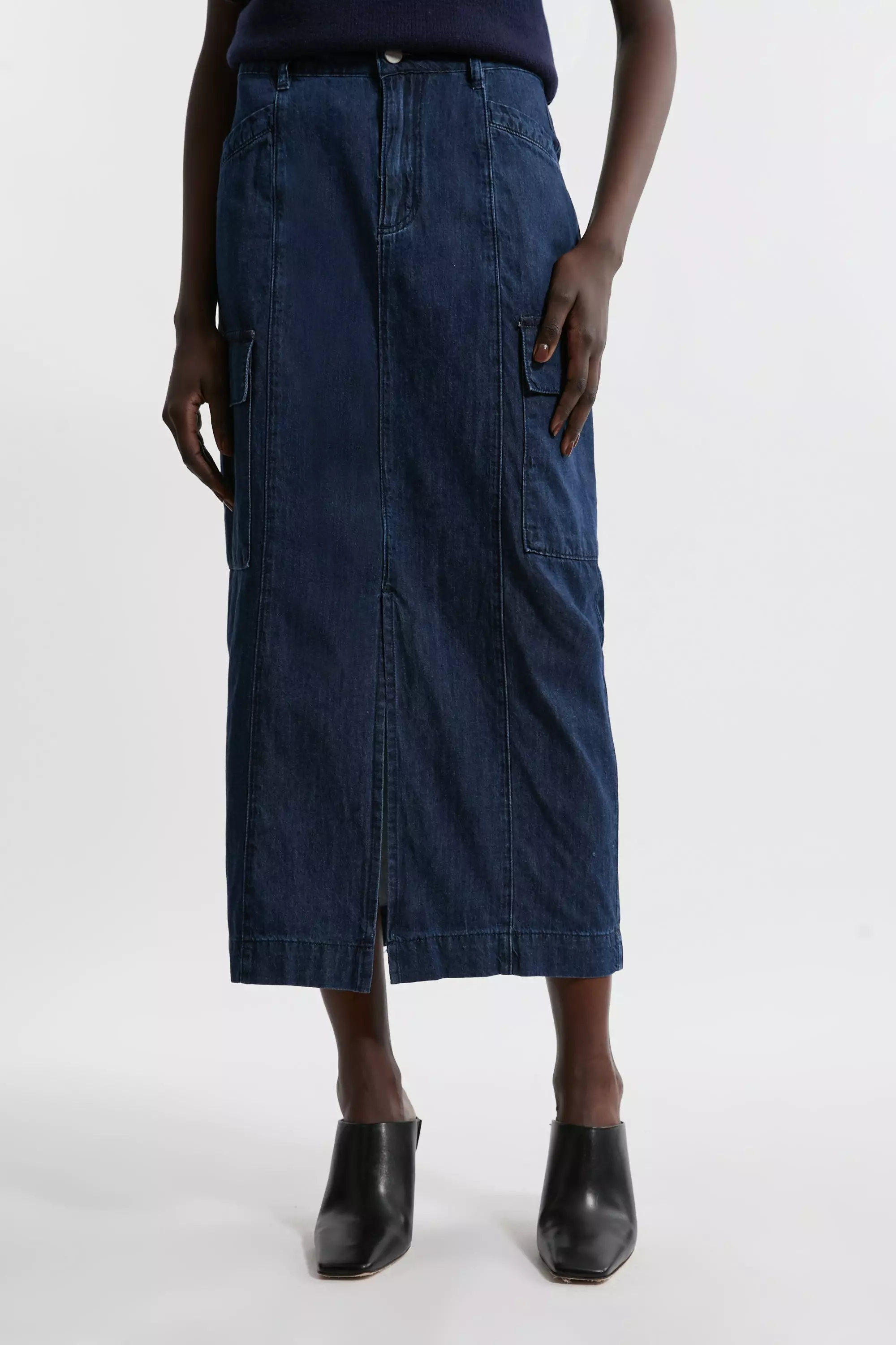 Petite Denim Woven Cargo Pocket Tailored Midi Skirt | Karen
