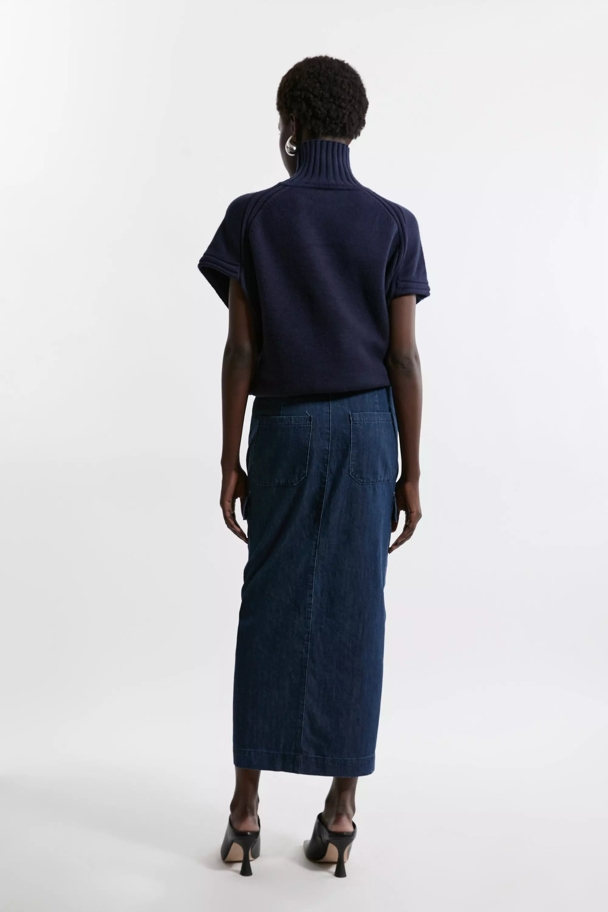Petite Denim Woven Cargo Pocket Tailored Midi Skirt | Karen