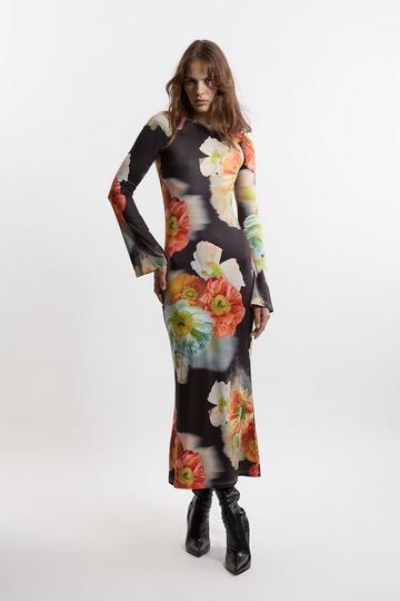 Jersey Border Print Keyhole Long Sleeve Maxi Dress black