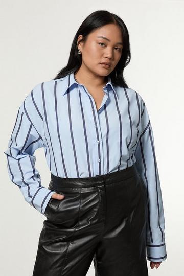 Plus Size Stripe Cotton Oversize Tailored Essential Shirt pale blue