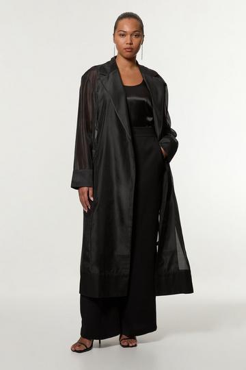 Plus Size Organza And Satin Mix Tailored Sheer Trench Coat black