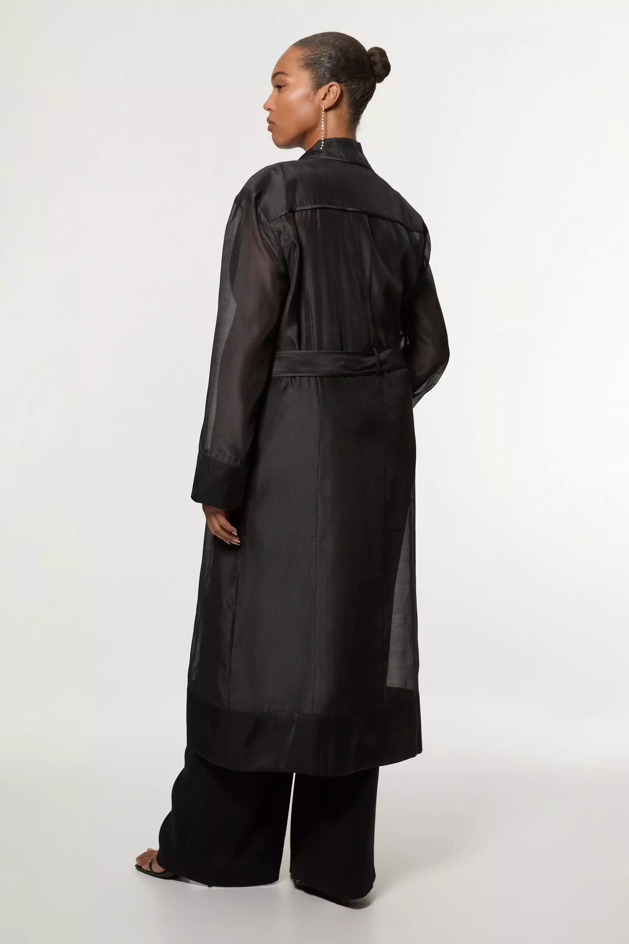 Karen Millen Womens Plus Size Organza and Satin Mix Tailored Sheer Trench Coat Black Size 18