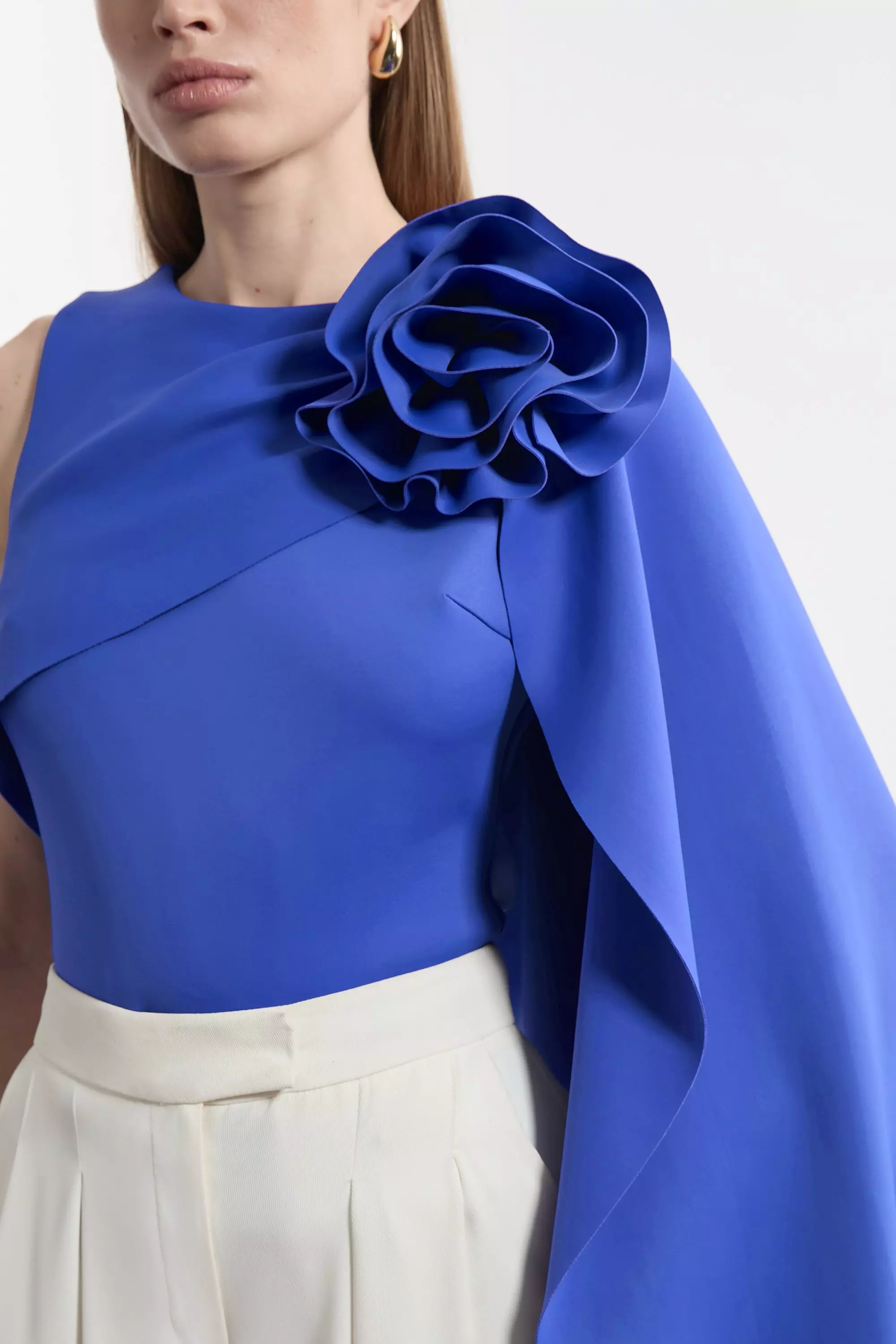 Tall Scuba Drama Ruffle Rosette Top | Karen Millen