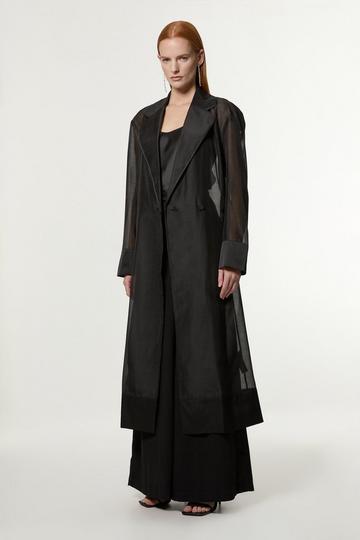 Petite Organza And Satin Mix Tailored Sheer Trench Coat black