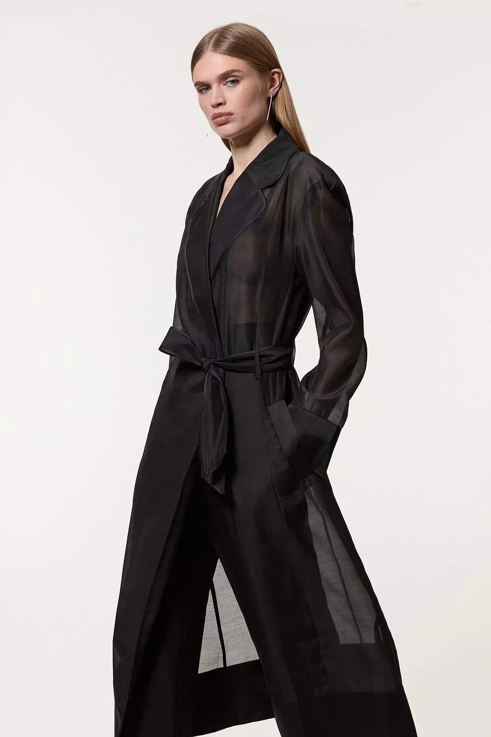 アンドコール　tulle pattern sheer jacket Petite Organza And Satin Mix Tailored Sheer Trench Coat