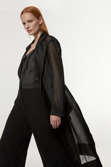 Organza And Satin Mix Tailored Sheer Trench Midi Coat black