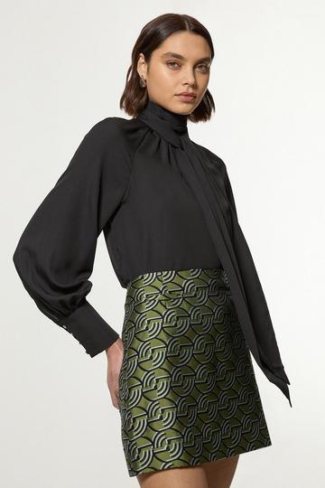 Green Geo Jacquard Twill Tailored Mini Skirt