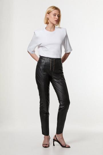 Black Leather Lace Up Slim Leg Trousers