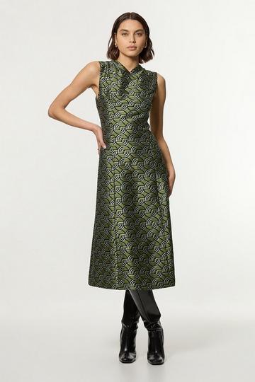 Geo Jacquard Twill Tailored Full Skirted Midi Dress green