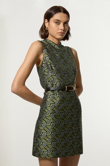 Green Tall Geo Jacquard Twill Tailored Belted Mini Dress