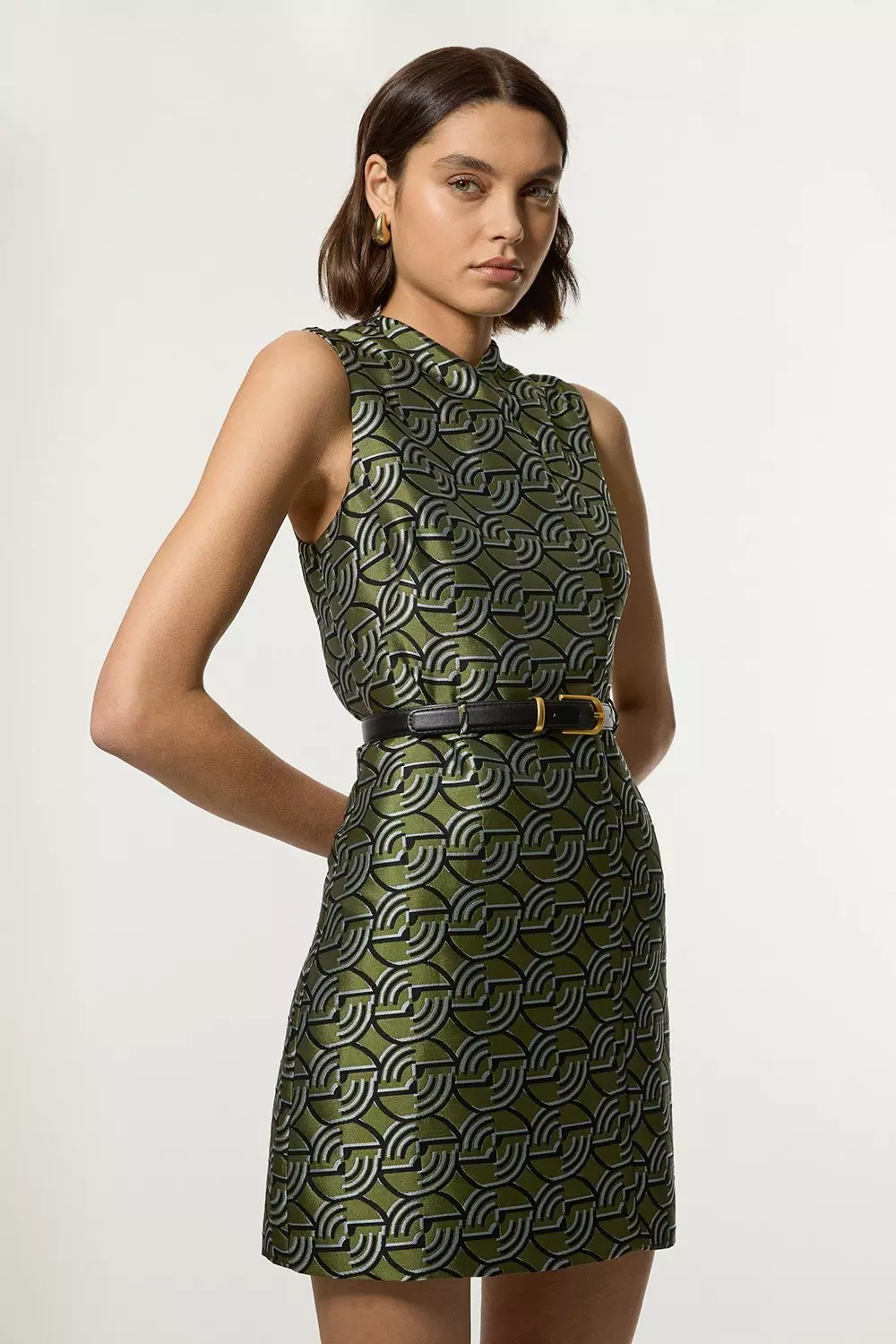 Tall Geometric Jacquard Twill Tailored Belted Mini Dress Karen Millen