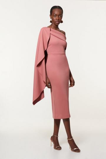 Scuba Crepe Dramatic Rosette Woven Cape Midi Dress taupe