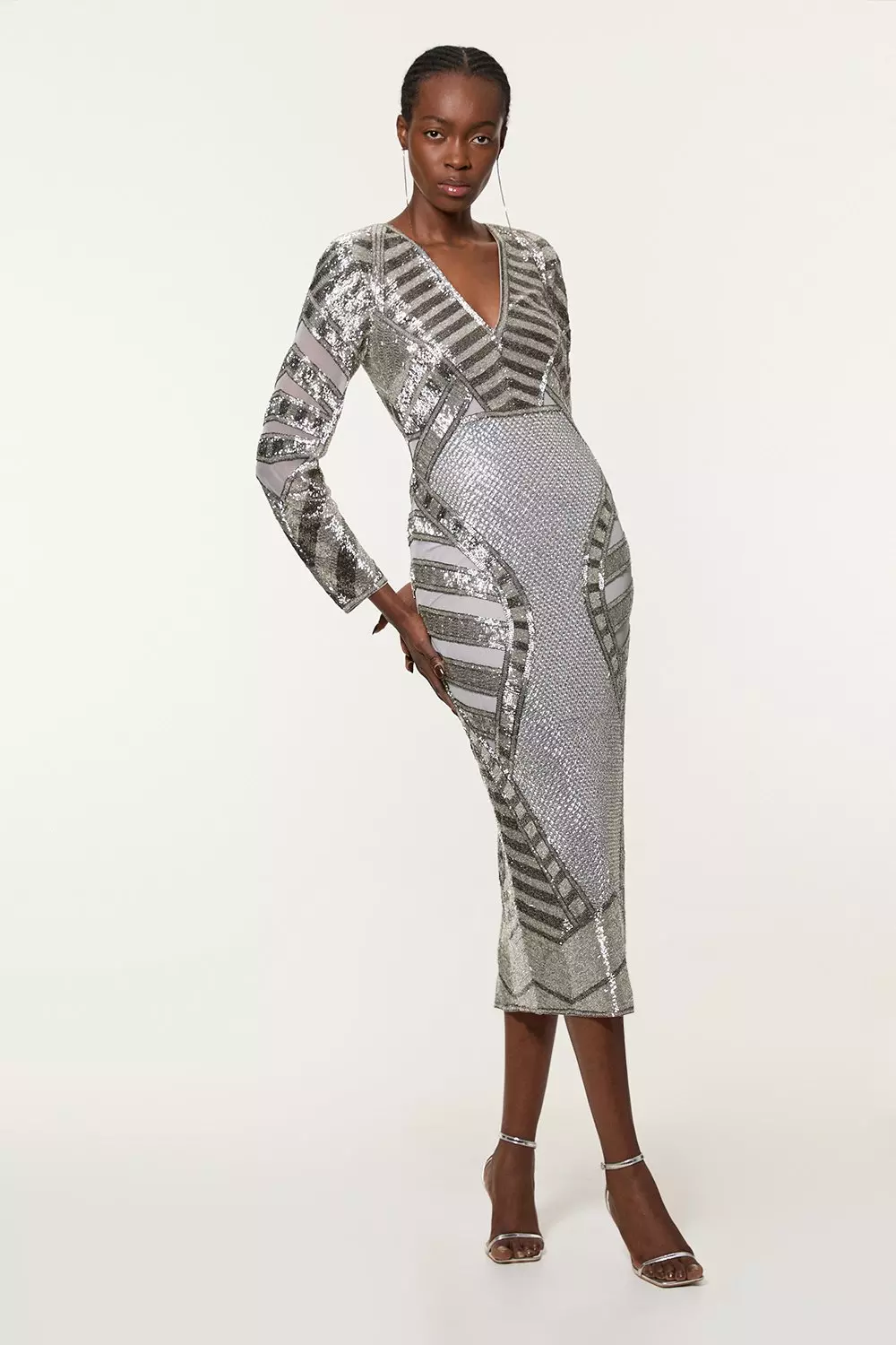 【Karen Millen】ヘリンボーン フルスカート ミディドレス Petite Voile Floral Border Print Woven Maxi Dress With