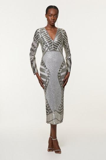 Silver Tall Beaded Embellished Woven Midi Dress