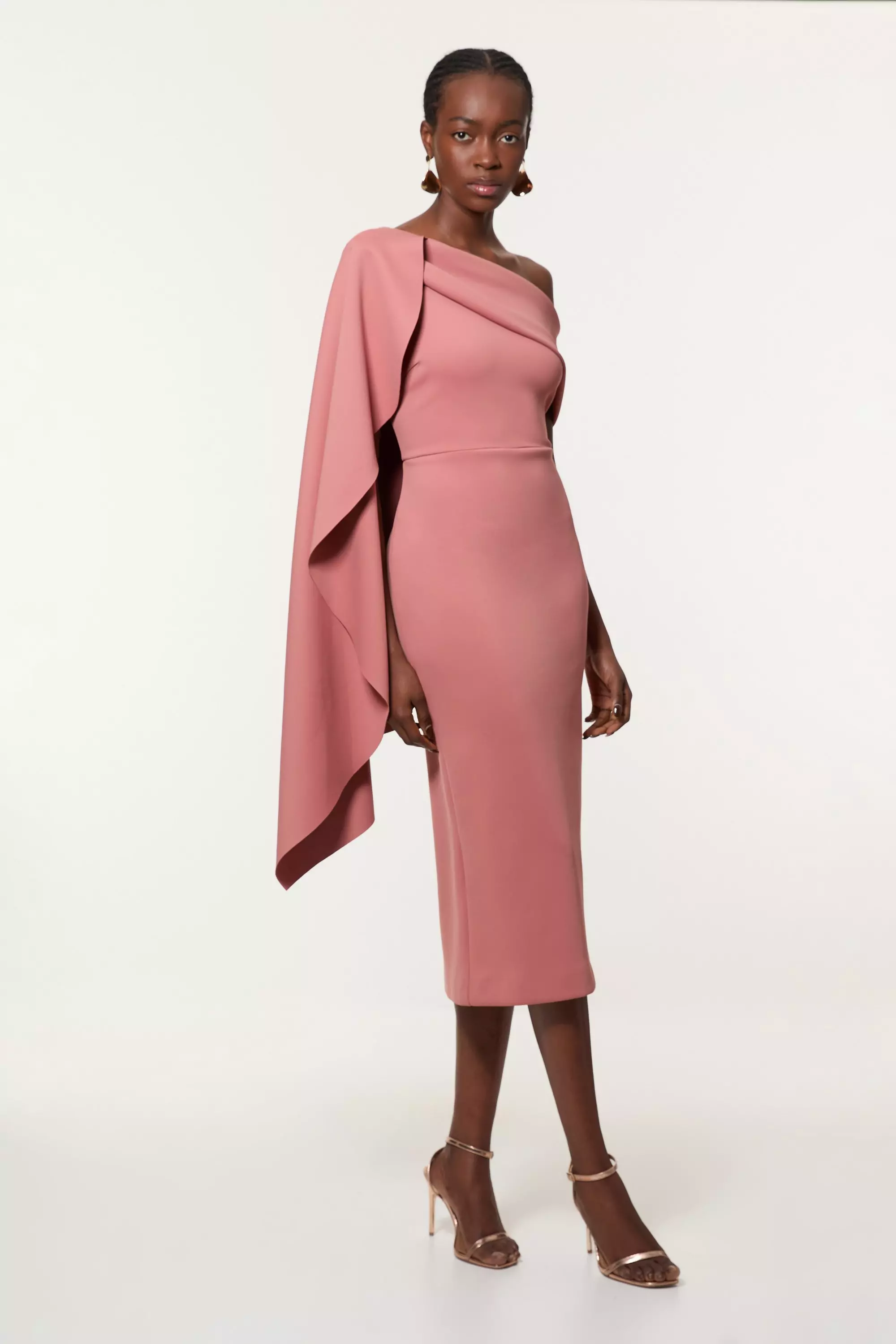 Taupe Petite Scuba Crepe Dramatic Rosette Woven Cape Midi Dress alternative image