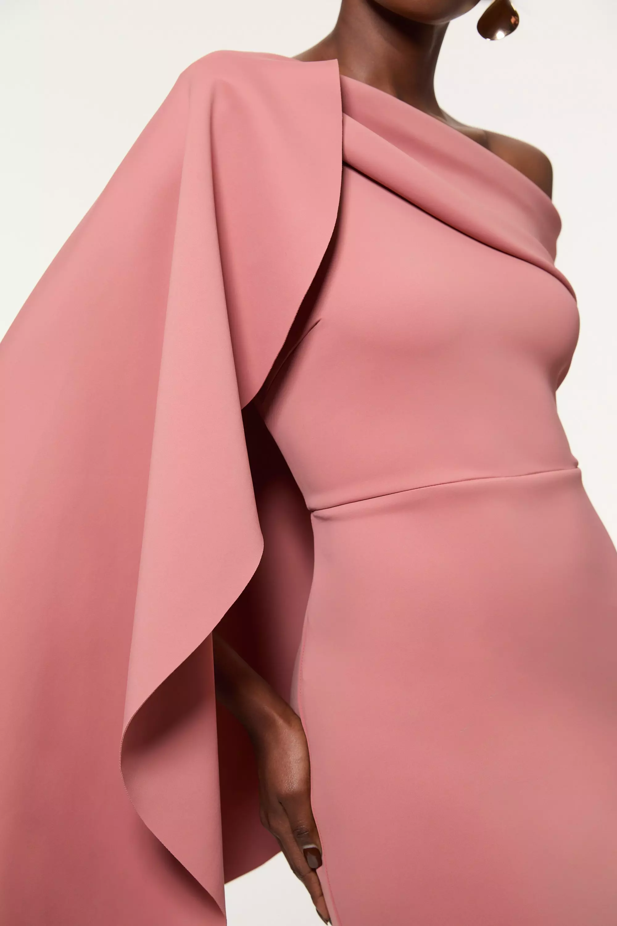 Taupe Petite Scuba Crepe Dramatic Rosette Woven Cape Midi Dress alternative image