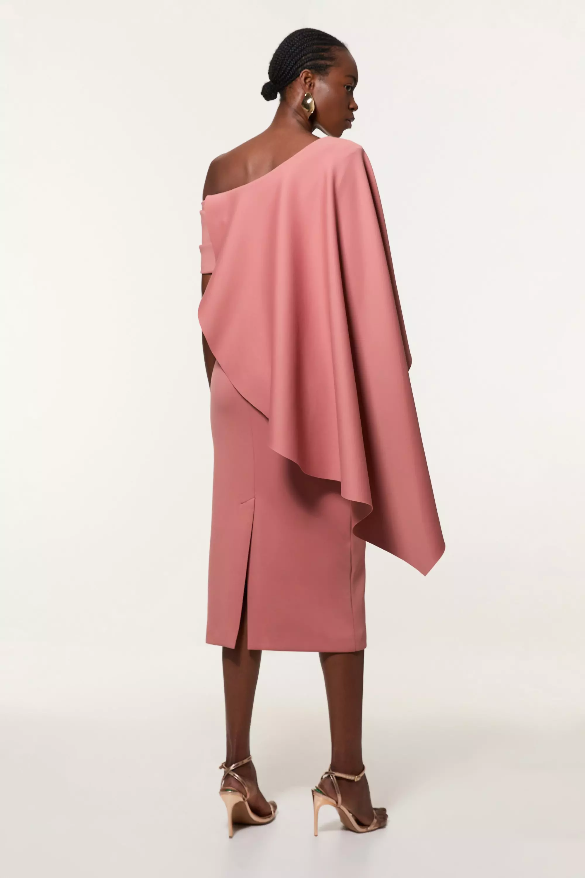 Taupe Petite Scuba Crepe Dramatic Rosette Woven Cape Midi Dress alternative image