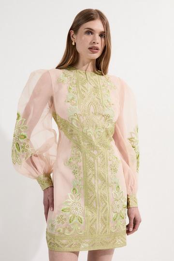 Embroidered Organdie Balloon Woven Mini Dress lime
