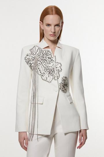 Placed Floral Crystal Embellished Tailored Blazer Jacket ivory