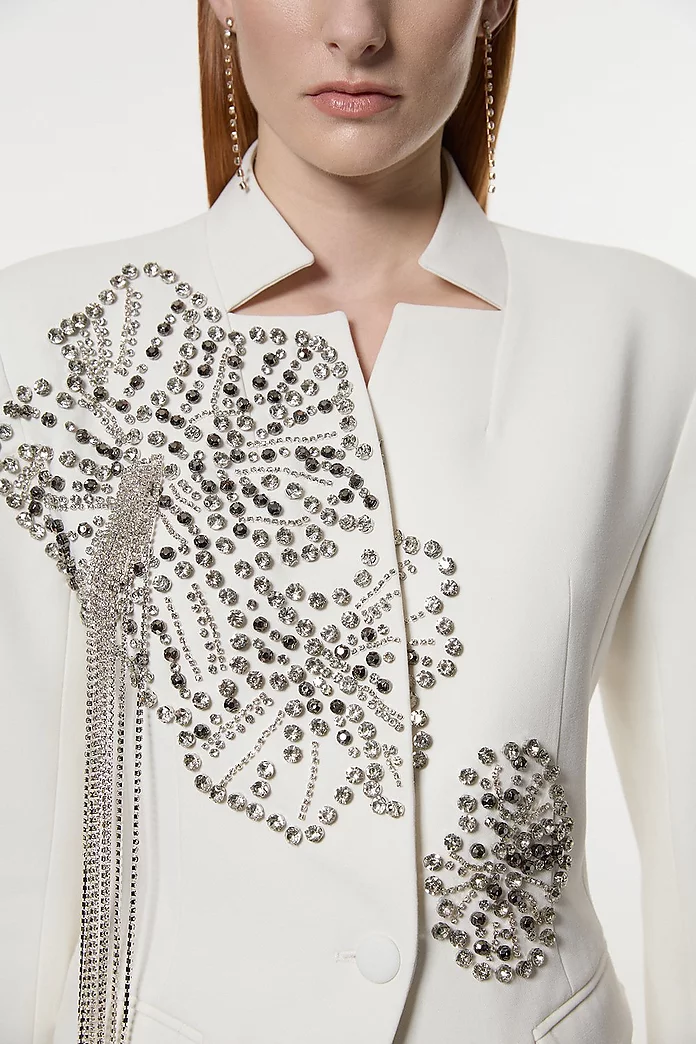 Placed Floral Crystal Embellished Tailored Blazer Jacket Placed Floral Crystal Embellished Tailored Blazer Jacket