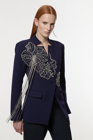 Navy Placed Floral Crystal Embellished Tailored Blazer Jacket