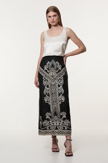 Black Embroidered Organdie Woven Midi Skirt