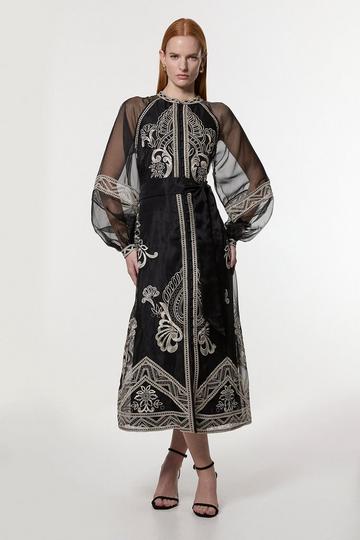 Embroidered Organdie Balloon Sleeve Woven Maxi Dress black