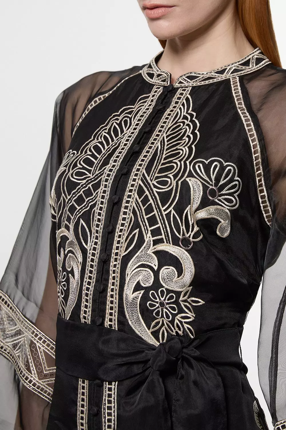 Embroidered Organdie Balloon Sleeve Woven Maxi Dress | Karen