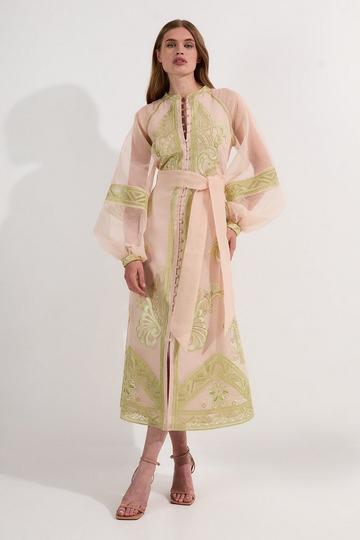 Embroidered Organdie Balloon Sleeve Woven Maxi Dress lime