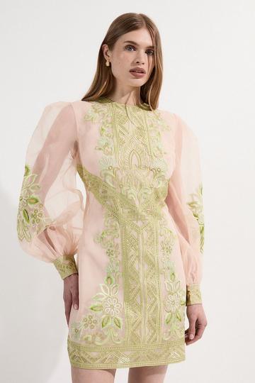 Petite Embroidered Organdie Balloon Woven Mini Dress lime
