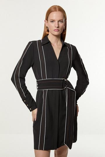 Black Soft Tailored Contrast Tipped Belted Wrap Mini Dress