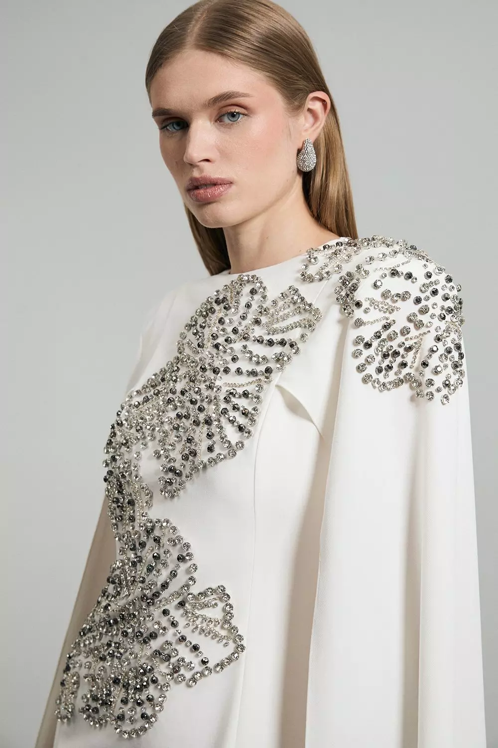 Placed Floral Crystal Embellished Tailored Drama Cape Maxi