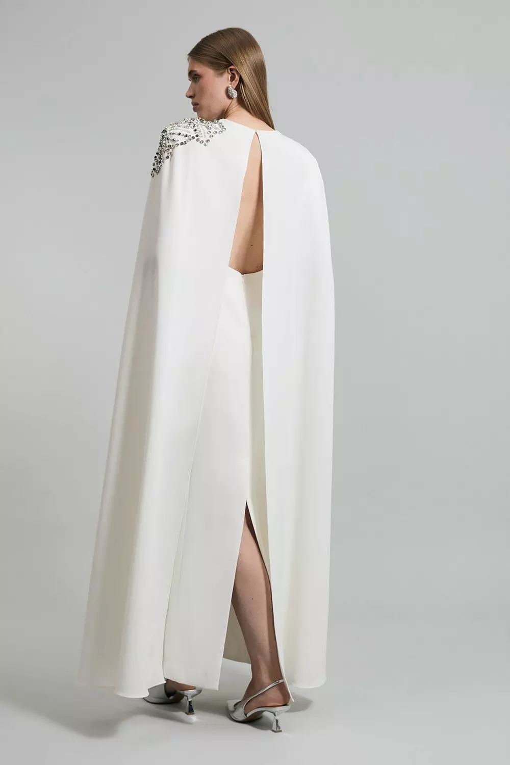 Placed Floral Crystal Embellished Tailored Drama Cape Maxi