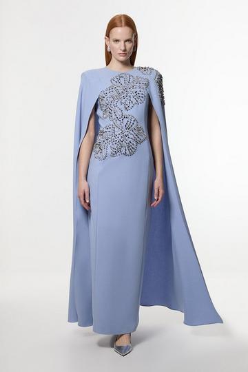 Blue Placed Floral Crystal Embellished Tailored Drama Cape Maxi Dress