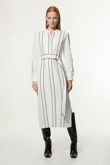 Ivory White Soft Tailored Contrast Tipped Belted Midaxi Dress