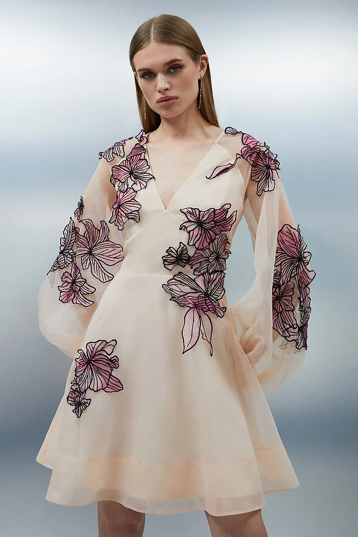 Floral Applique Organdie Woven Balloon Sleeve Mini Dress Floral Applique Organdie Woven Balloon Sleeve Mini Dress