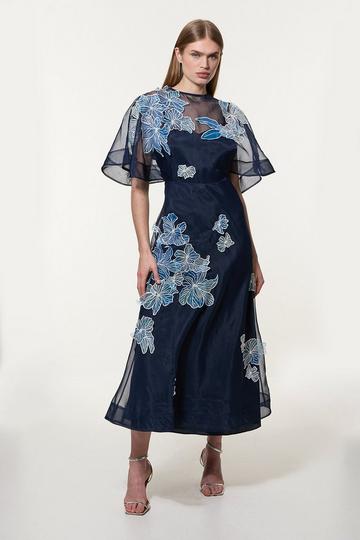 Floral Applique Organdie Woven Maxi Dress navy