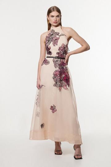 Floral Applique Woven Halter Neck Maxi Dress blush